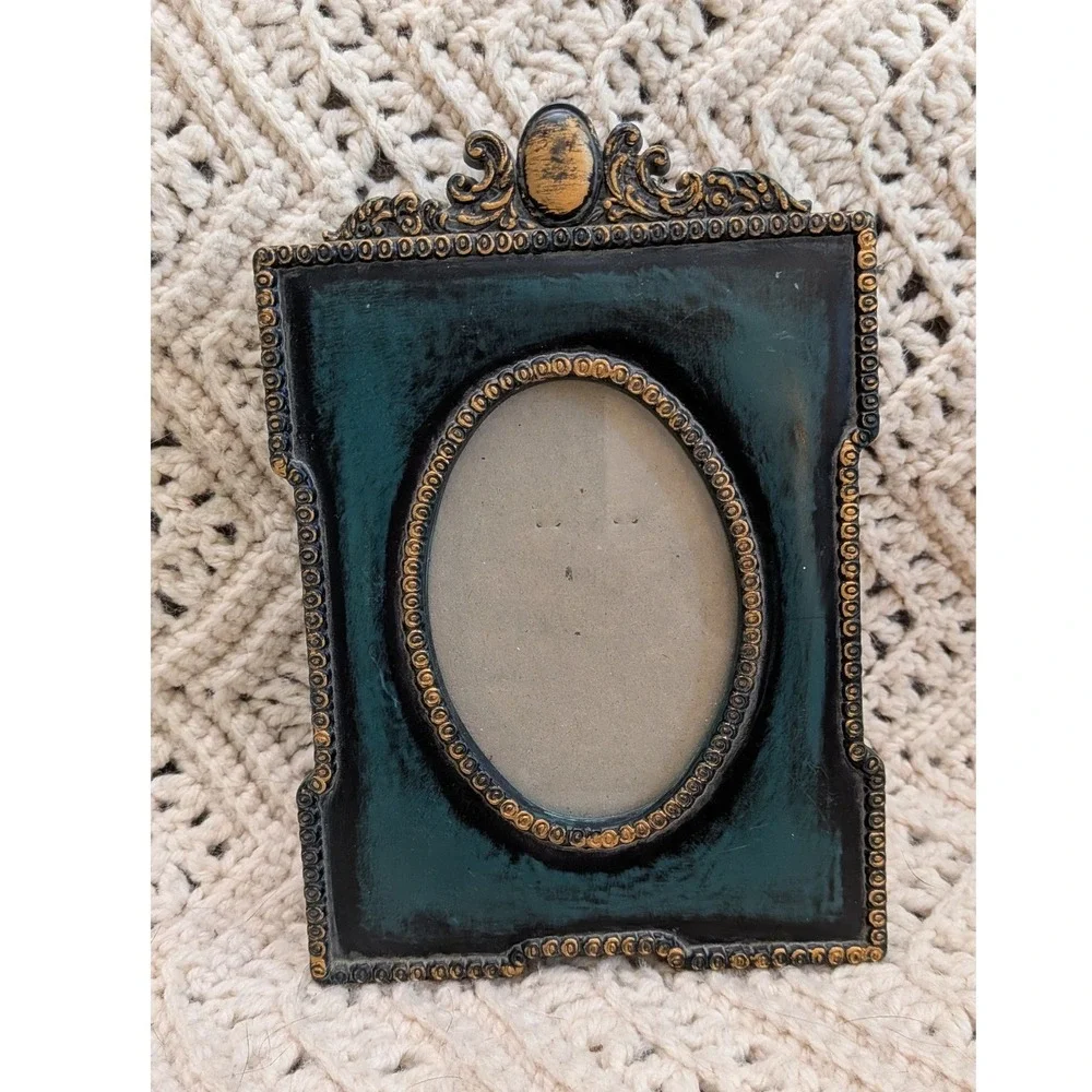 Silvestri Vintage Style Ornate Picture Frame Dark Green Gold Oval 3x5 Tabletop
